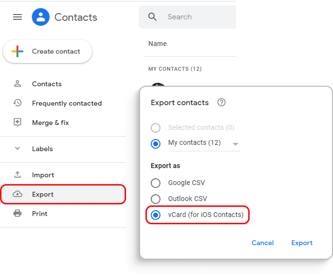 export Google contacts