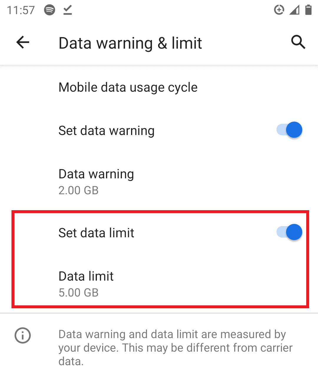Définir la limite de données