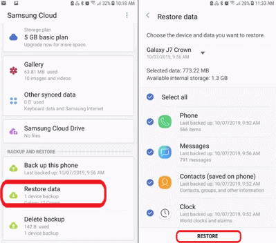 restore data from Samsung cloud
