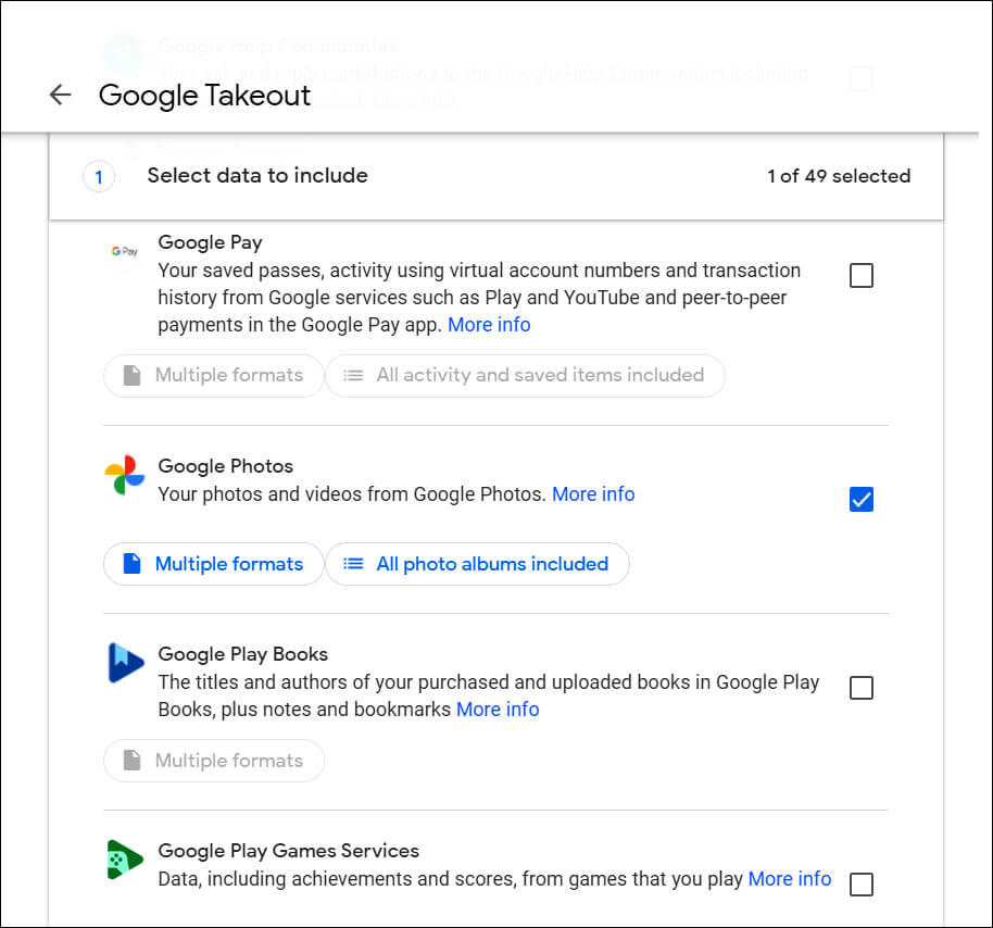 Select Google Photo on Google Takeout