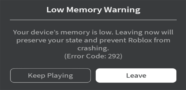 low memory warning Roblox